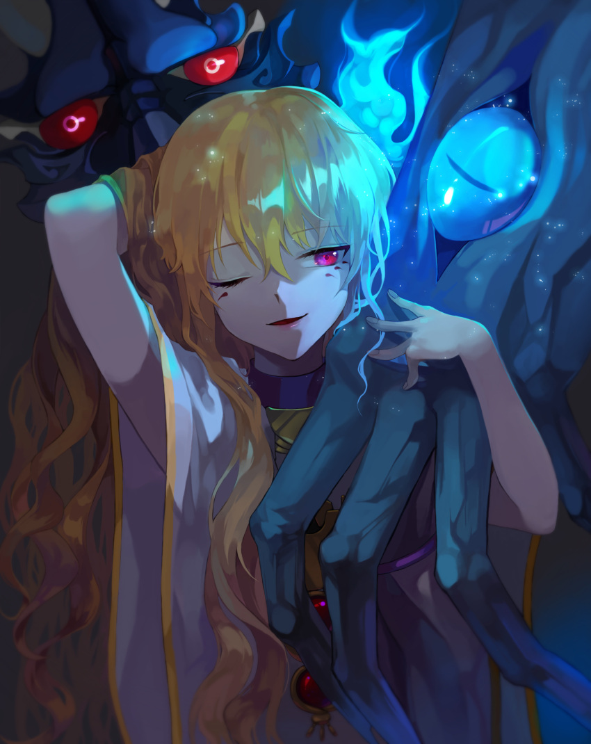 1boy, absurdres, androgynous, blonde_hair, blush, facial_mark, highres, jewelry