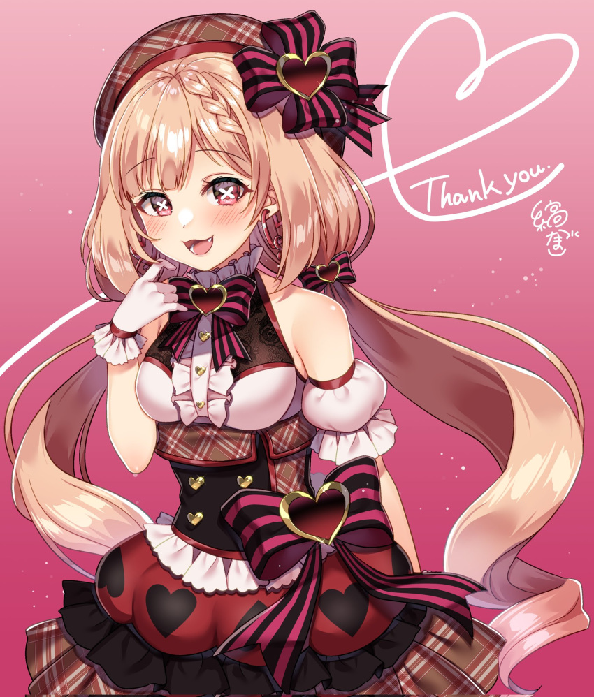 1girl, aise_yuria, blonde_hair, blush, bow, breasts, commission, detached_sleeves