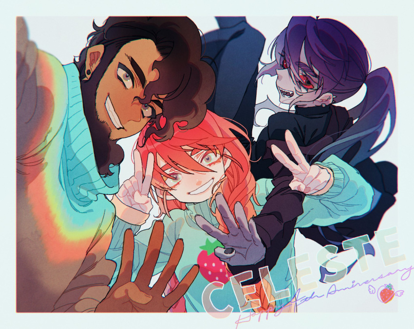 1boy, 2girls, badeline, beard, braid, brown_hair, celeste_(video_game), colored_sclera