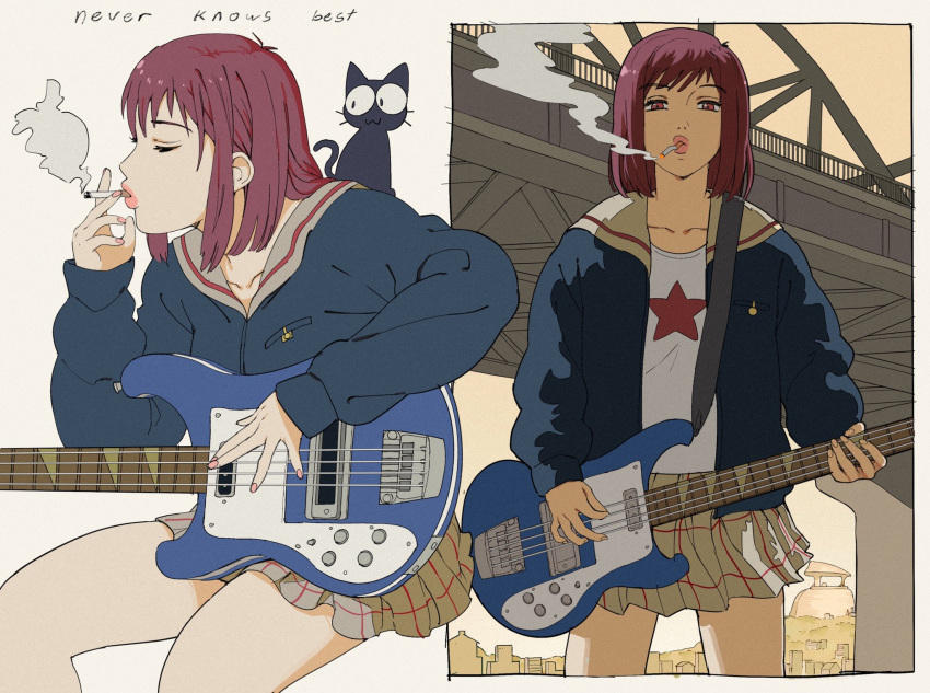 1girl, animal_on_shoulder, bangs, blue_jacket, bridge, cat, cat_on_shoulder, cigarette