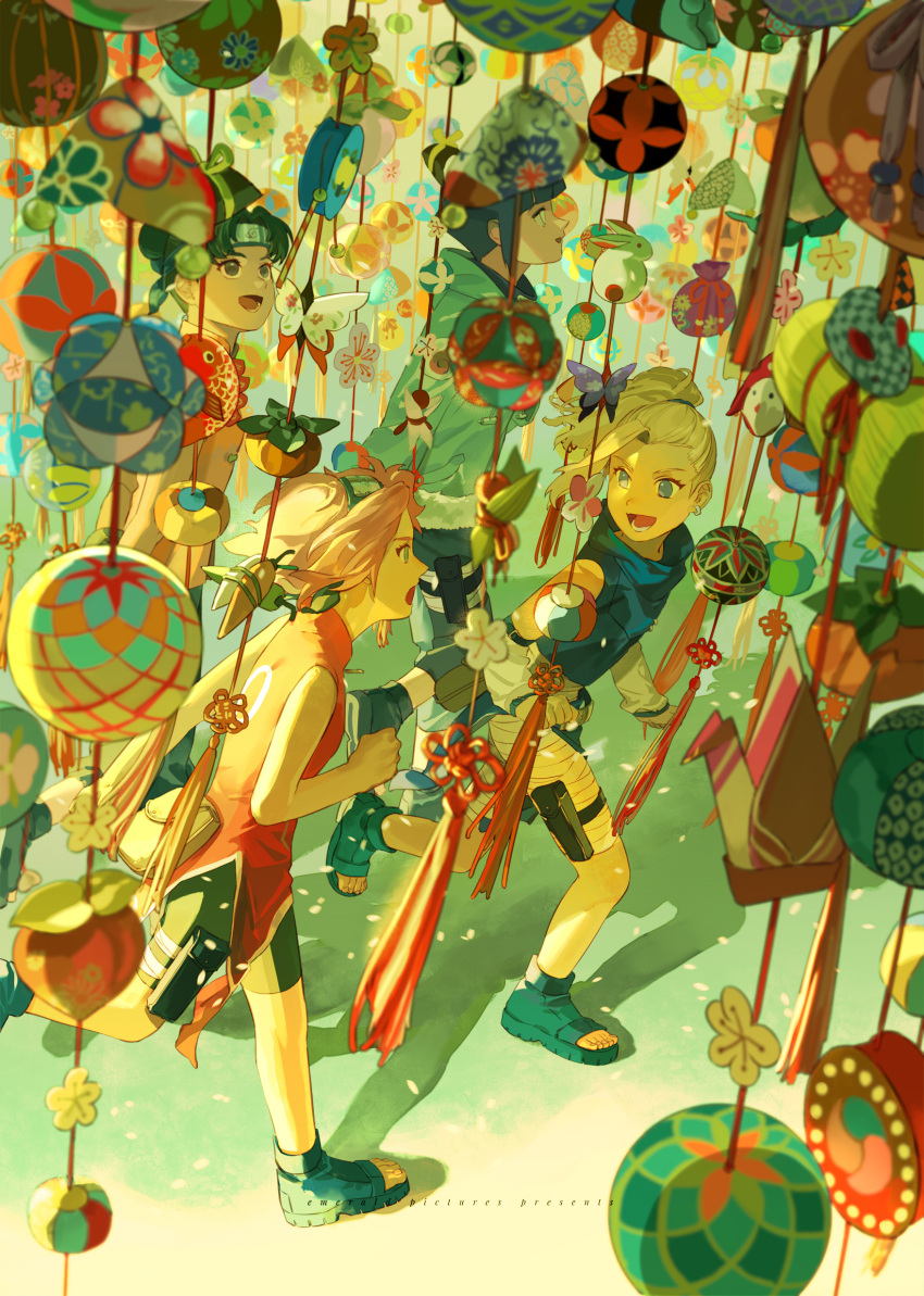 4girls, absurdres, bag, black_hair, blonde_hair, forehead_protector, haruno_sakura, highres, holy_pumpkin, hood, hoodie, hyuuga_hinata, konohagakure_symbol, looking_at_another, multiple_girls, naruto, naruto_(series), open_mouth, ornament, satchel, shorts, sleeveless, smile, symbol-only_commentary, tenten_(naruto), toeless_footwear, yamanaka_ino