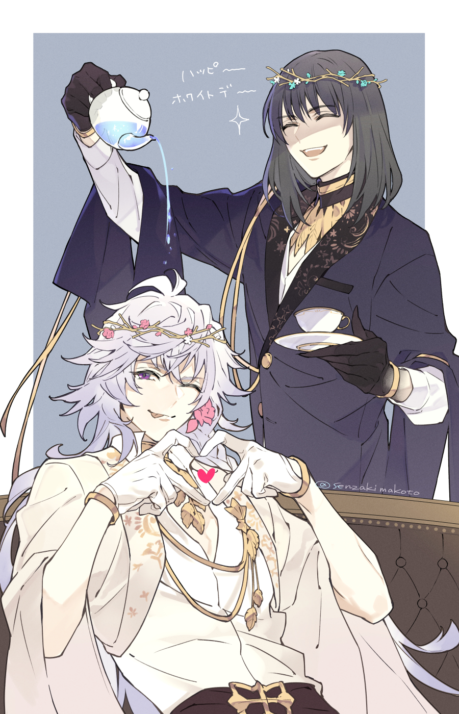 2boys, ;p, artist_name, bangs, black_hair, braid, chair, closed_eyes