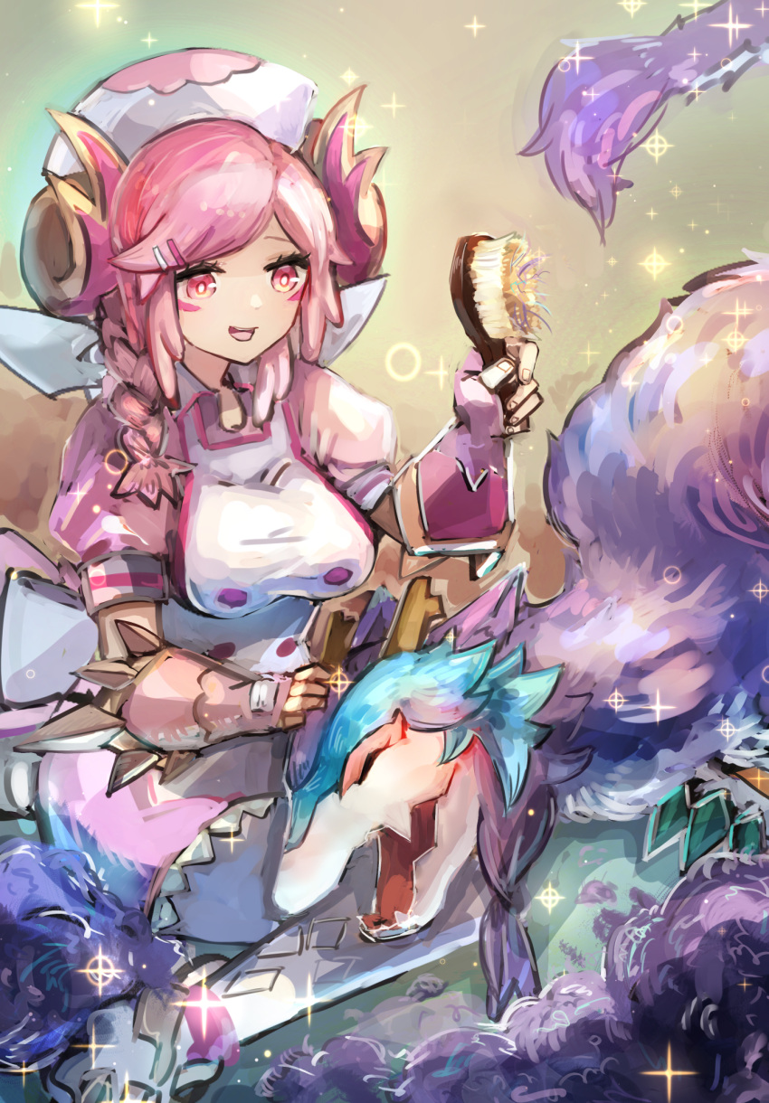 1girl, alternate_form, braid, closed_eyes, dragon, dragon_girl, dragon_horns, duel_monster, gauntlets, hat, hatano_kiyoshi, highres, holding_hair_brush, horns, laundry_dragonmaid, long_hair, nurse_dragonmaid, open_mouth, pink_eyes, pink_hair, puffy_short_sleeves, puffy_sleeves, short_sleeves, smile, sparkle, yu-gi-oh!