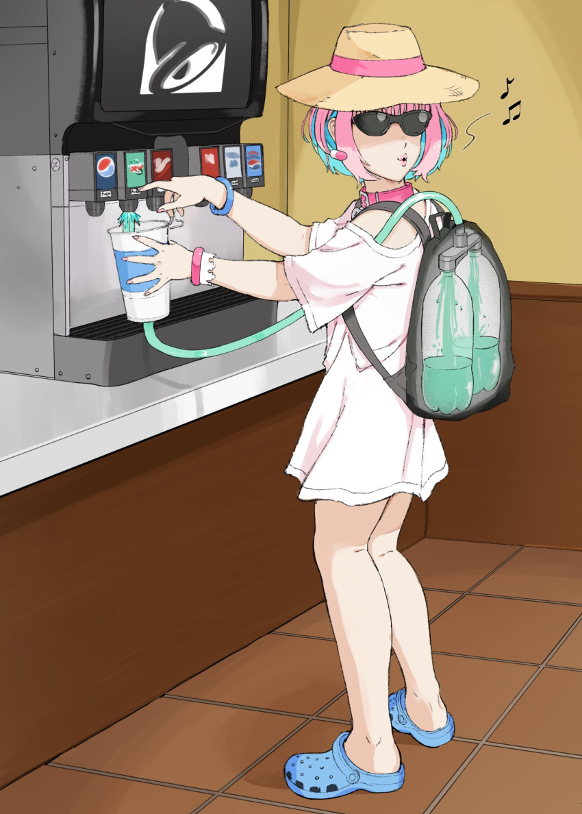 1girl, backpack, bag, beamed_eighth_notes, bracelet, collar, commentary, crocs