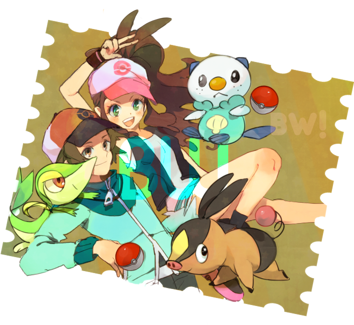 1boy, 1girl, brown_eyes, brown_hair, green_eyes, hat, oshawott, ototoi