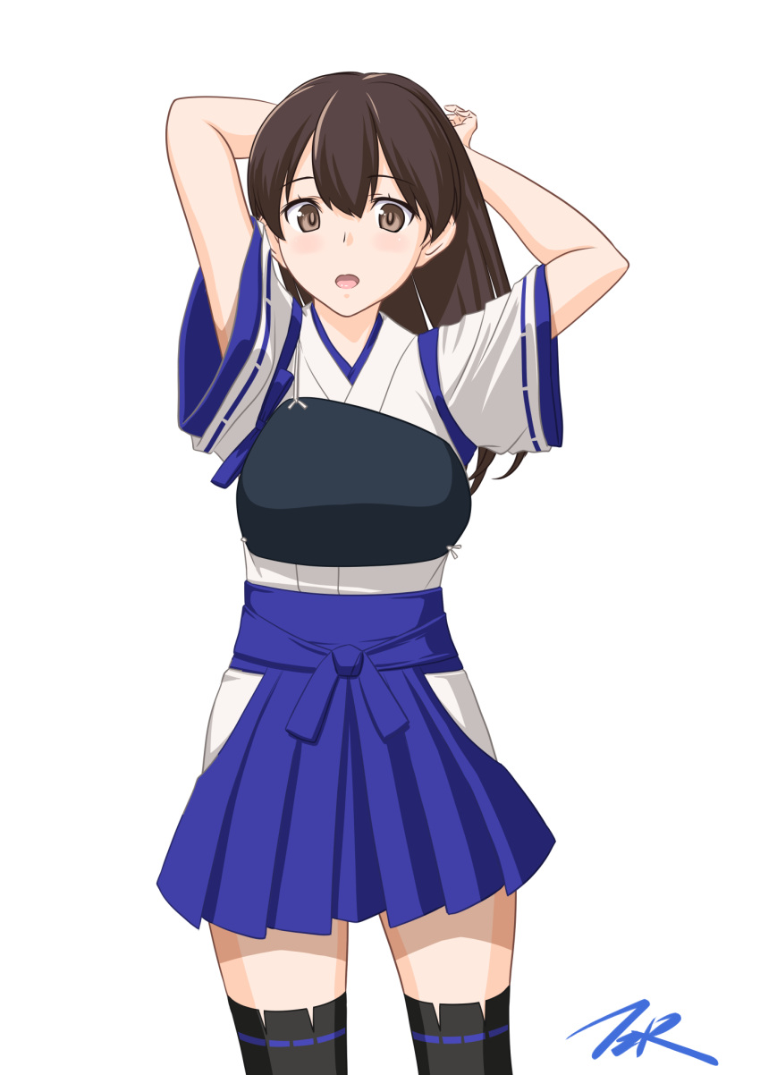 1girl, alternate_hairstyle, arms_behind_head, black_legwear, blue_hakama, brown_eyes, brown_hair, cowboy_shot