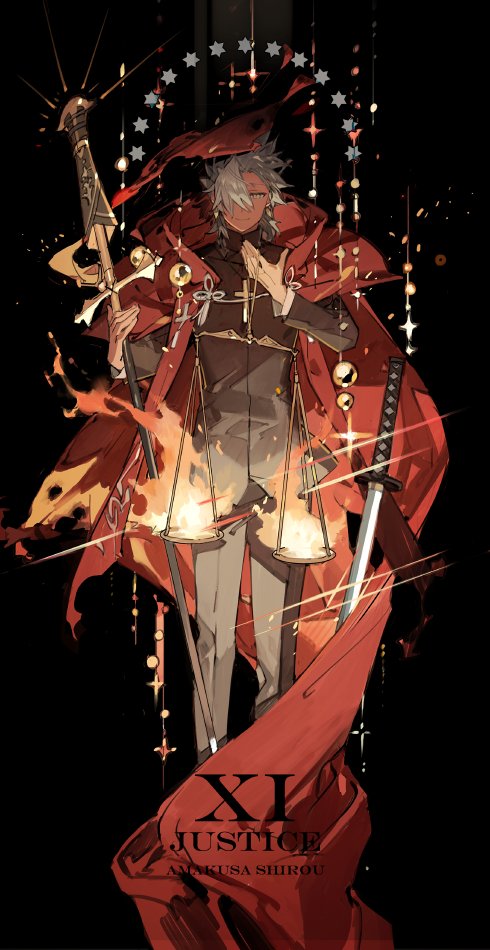 1boy, amakusa_shirou_(fate), background_text, balance_scale, brown_eyes, cape, character_name, chinese_commentary