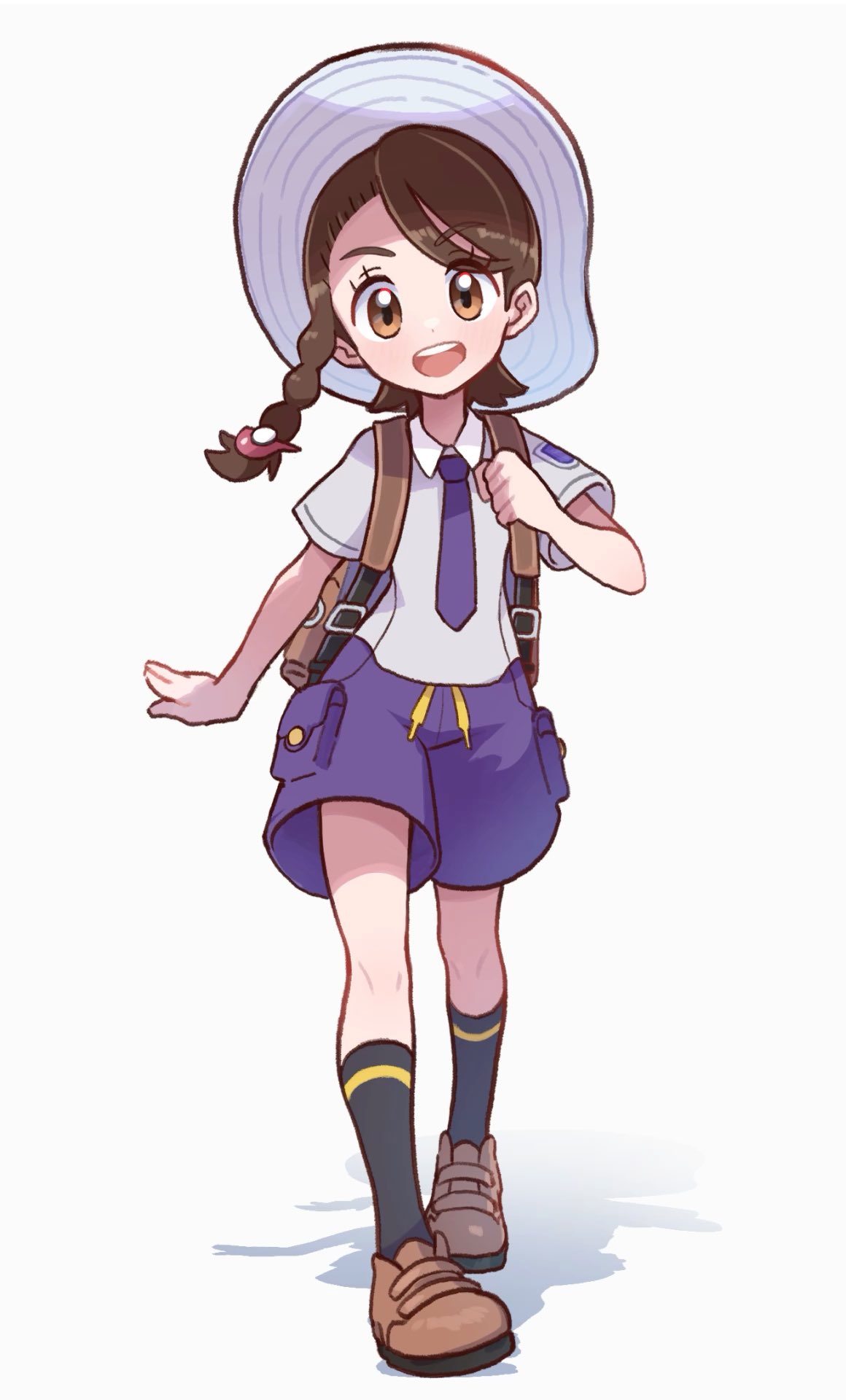 1girl, backpack, bag, bangs, black_legwear, braid, brown_bag, brown_eyes, brown_footwear, brown_hair, collared_shirt, commentary_request, eyelashes, female_protagonist_(pokemon_sv), full_body, hat, highres, hiisu_(s-1104-d), holding_strap, knees, long_hair, necktie, open_mouth, pokemon, pokemon_(game), pokemon_sv, purple_necktie, purple_shorts, shirt, shoes, short_sleeves, shorts, single_braid, smile, socks, solo, standing, teeth, tongue, upper_teeth, white_background, white_headwear, white_shirt