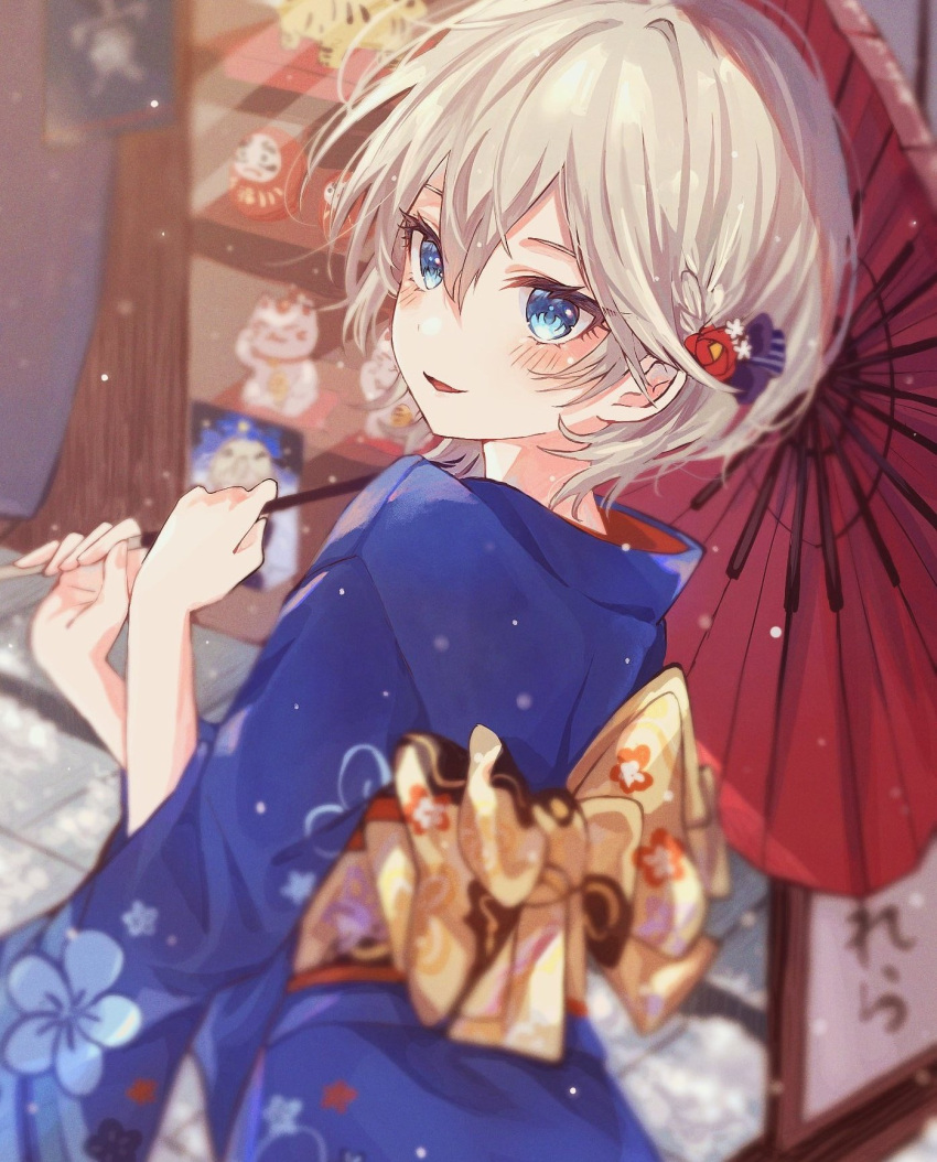1girl, :d, anastasia_(idolmaster), aqua_eyes, back_bow, blue_kimono, blush, bow, floral_print, highres, idolmaster, idolmaster_cinderella_girls, japanese_clothes, kimono, looking_back, obi, oil-paper_umbrella, outdoors, print_kimono, rua_(idv), sash, short_hair, silver_hair, smile, snow, snowing, solo, umbrella, wide_sleeves
