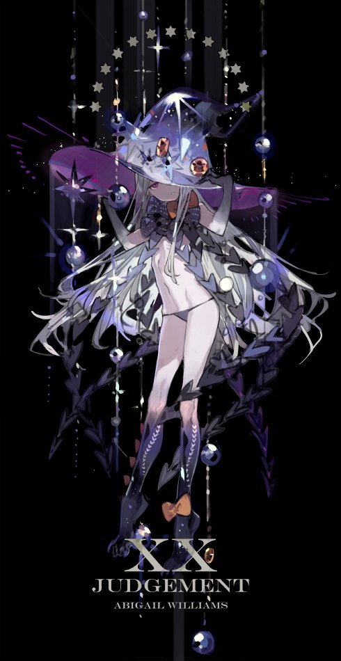 1girl, :|, abigail_williams_(fate), background_text, bangs, black_bow, black_headwear, black_panties