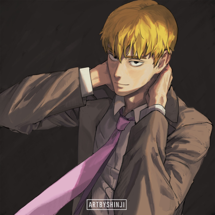 1boy, arms_behind_head, artbyshinji, bangs, blonde_hair, blunt_bangs, bowl_cut, brown_suit, collared_shirt, formal, from_above, highres, jacket, looking_at_viewer, male_focus, mob_psycho_100, necktie, pink_necktie, reigen_arataka, shirt, short_hair, smile, solo, suit, thick_eyebrows, undershirt, upper_body