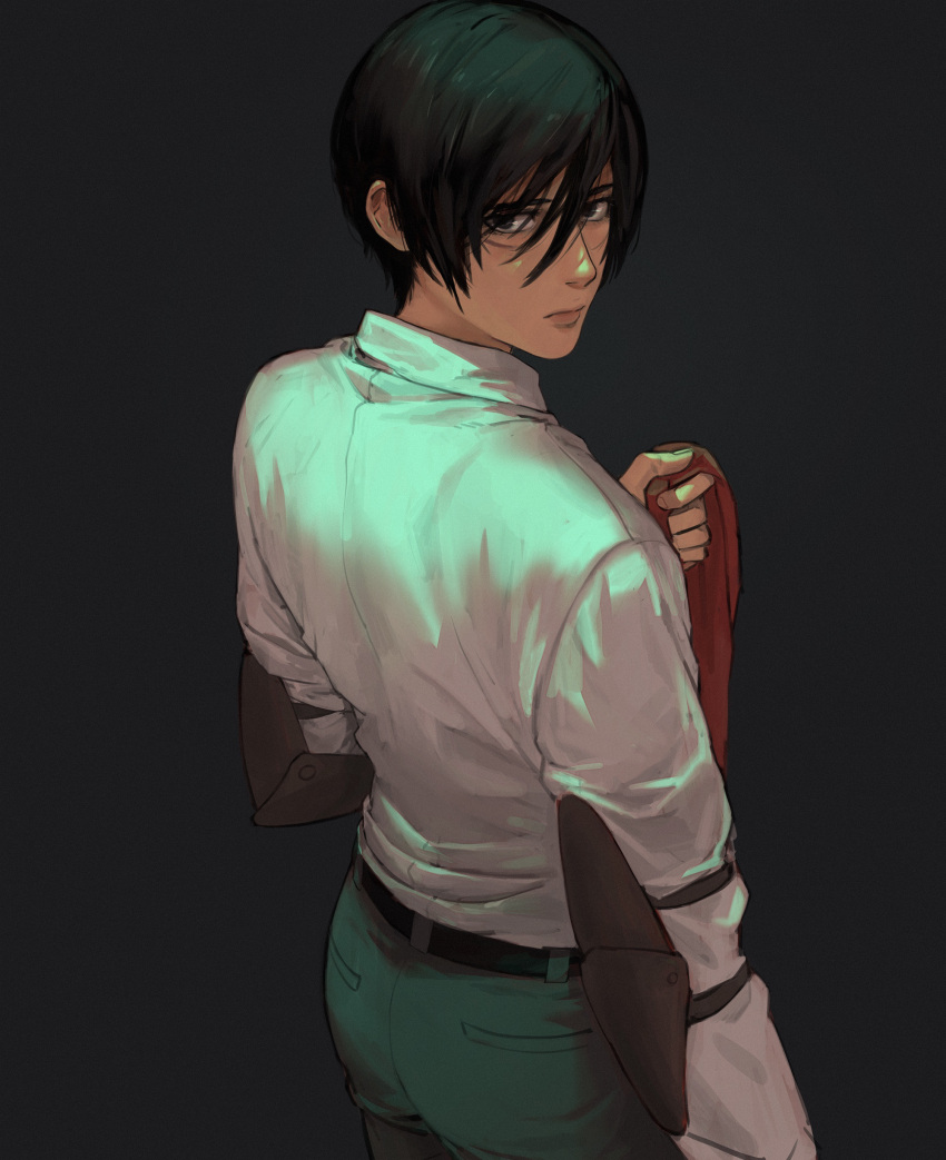 1girl, absurdres, artbyshinji, bangs, belt, black_background, black_belt, black_eyes, black_hair, black_pants, closed_mouth, cowboy_shot, elbow_pads, hair_between_eyes, highres, holding, holding_clothes, holding_scarf, long_sleeves, looking_at_viewer, mikasa_ackerman, pants, red_scarf, scar, scar_on_face, scarf, shingeki_no_kyojin, shirt, short_hair, simple_background, solo, standing, white_shirt