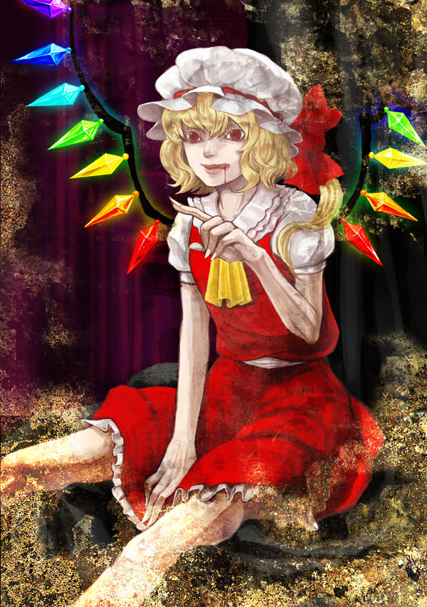 :q, flandre_scarlet, hands, hat, legs, licking_lips, lips, pointing