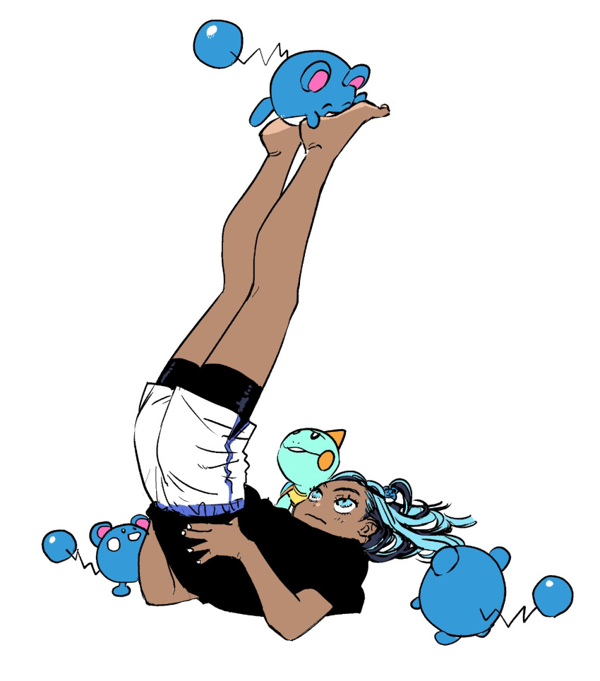 1girl, alternate_costume, barefoot, bike_shorts, black_hair, black_shirt, blue_eyes, blue_hair