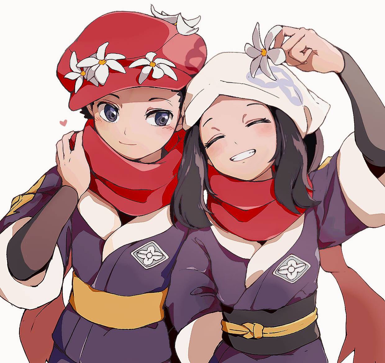 1boy, 1girl, akari_(pokemon), arm_up, black_sash, blush, brown_shirt, closed_eyes