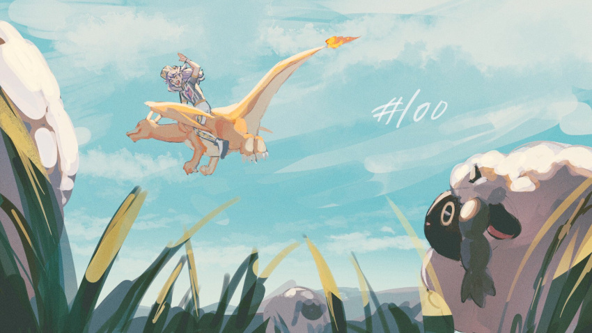 1boy, arm_up, baseball_cap, champion_uniform, charizard, clouds, commentary_request, dark-skinned_male