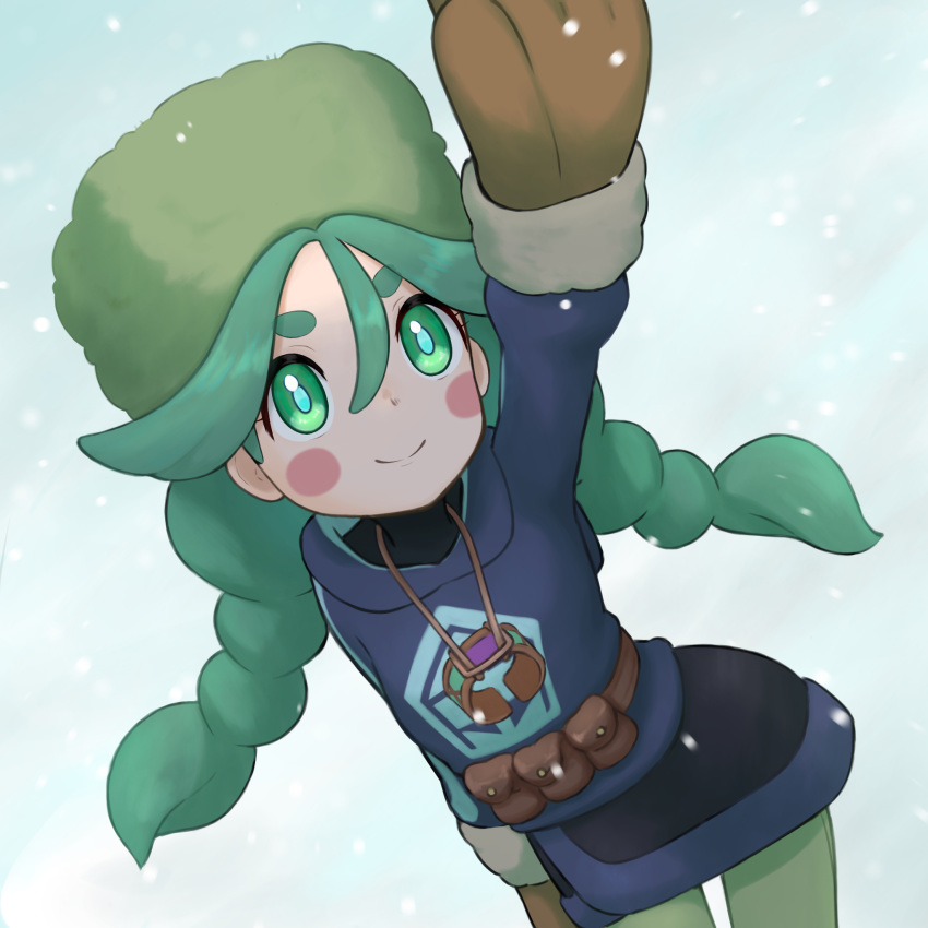 1girl, arm_up, black_shirt, black_skirt, blue_jacket, blue_pupils, blush_stickers, braid