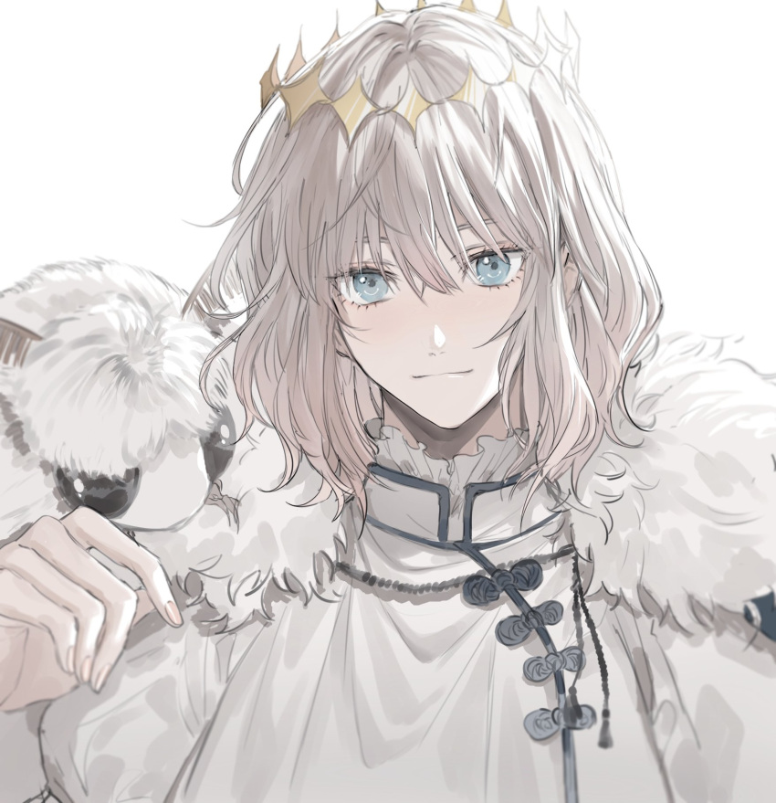 1boy, bangs, blanca_(fate), blue_eyes, bug, butterfly_on_shoulder, cape, crown