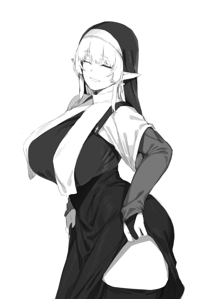 1girl, bangs, breasts, bridal_gauntlets, closed_eyes, commentary_request, cowboy_shot, cross