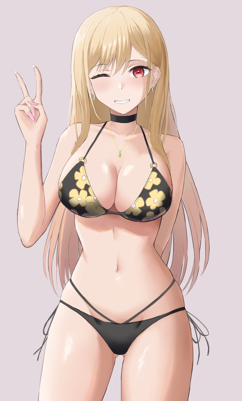 1girl, ;), absurdres, arm_behind_back, ass_visible_through_thighs, bangs, bikini, black_bikini, black_choker, blonde_hair, breasts, cc_(c~fua), choker, collarbone, cowboy_shot, ear_piercing, earrings, fingernails, floral_print, grin, hair_behind_ear, halterneck, hand_up, highres, hoop_earrings, jewelry, kitagawa_marin, large_breasts, long_fingernails, multi-strapped_bikini, multi-strapped_bikini_bottom, navel, o-ring, o-ring_bikini, o-ring_top, one_eye_closed, pendant, piercing, pink_nails, print_bikini, red_eyes, shiny, shiny_skin, simple_background, smile, solo, sono_bisque_doll_wa_koi_wo_suru, standing, stud_earrings, swimsuit, v