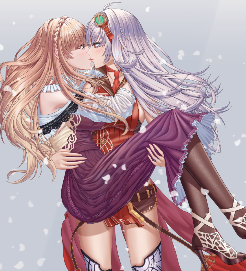 2girls, absurdres, arnas_(yoru_no_nai_kuni), breasts, carrying, commission, couple, dress