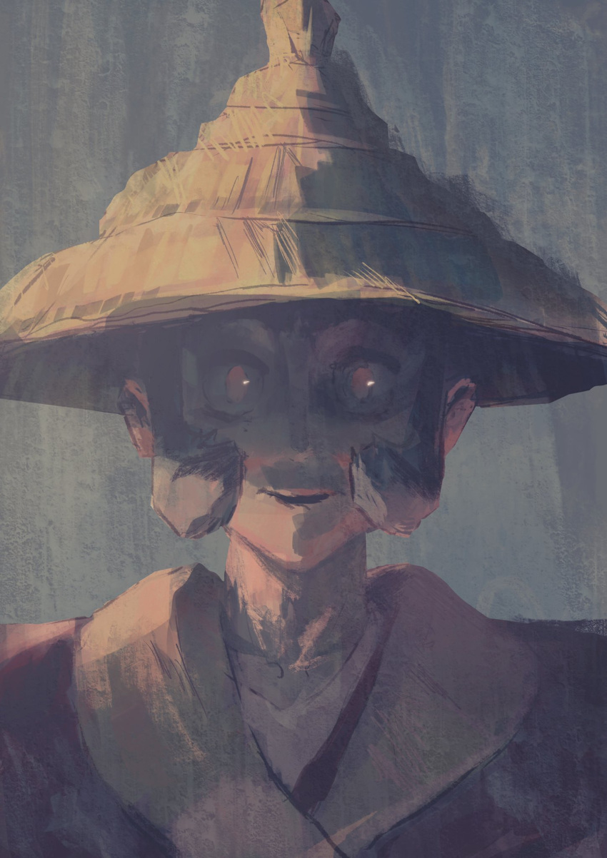 1boy, black_hair, closed_mouth, collarbone, commentary_request, dark, grey_background, happy, hat, highres, horror_(theme), japanese_clothes, kimono, looking_at_viewer, male_focus, mutton_chops, neg_(101neg), pokemon, pokemon_(game), pokemon_legends:_arceus, red_eyes, red_kimono, rice_hat, security_corps_(pokemon), short_hair, simple_background, smile, solo, straight-on, upper_body, wide-eyed, yellow_headwear