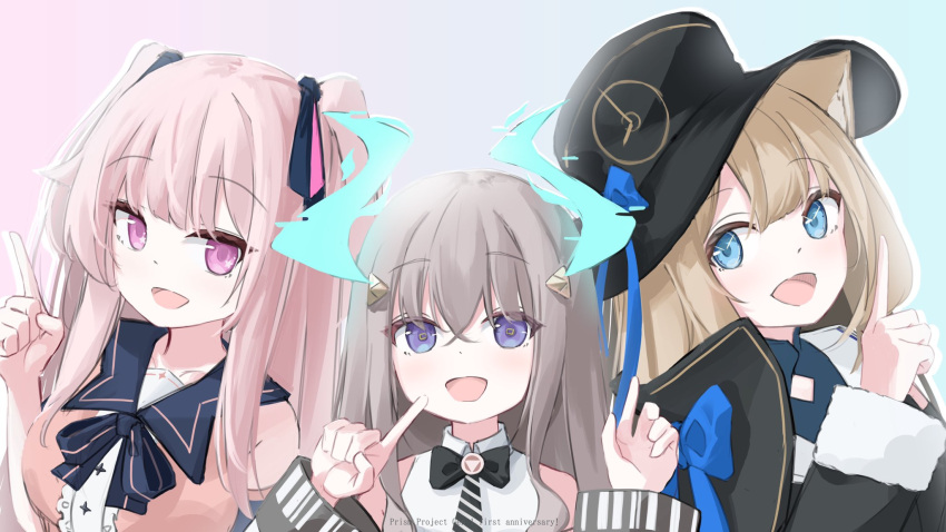 3girls, alien, animal_ears, black_corset, blonde_hair, blue_eyes, bow, bowtie