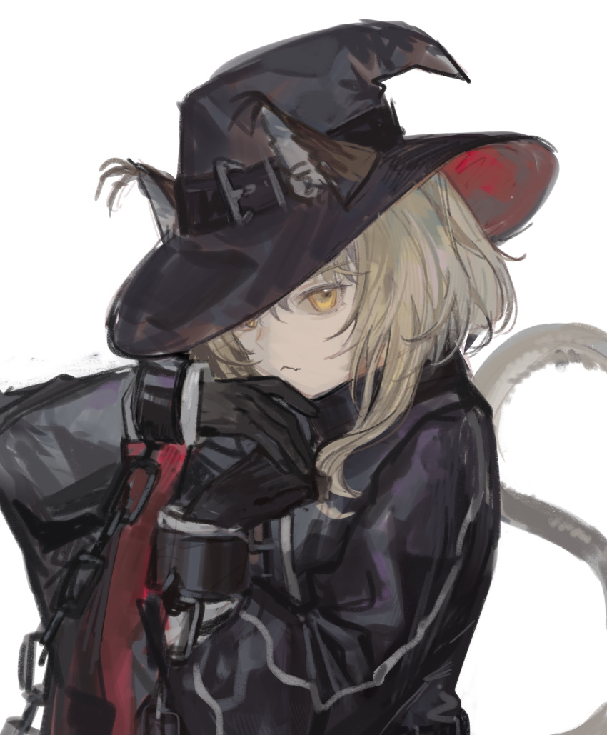 1girl, absurdres, animal_ears, arknights, black_coat, black_gloves, black_headwear, blonde_hair