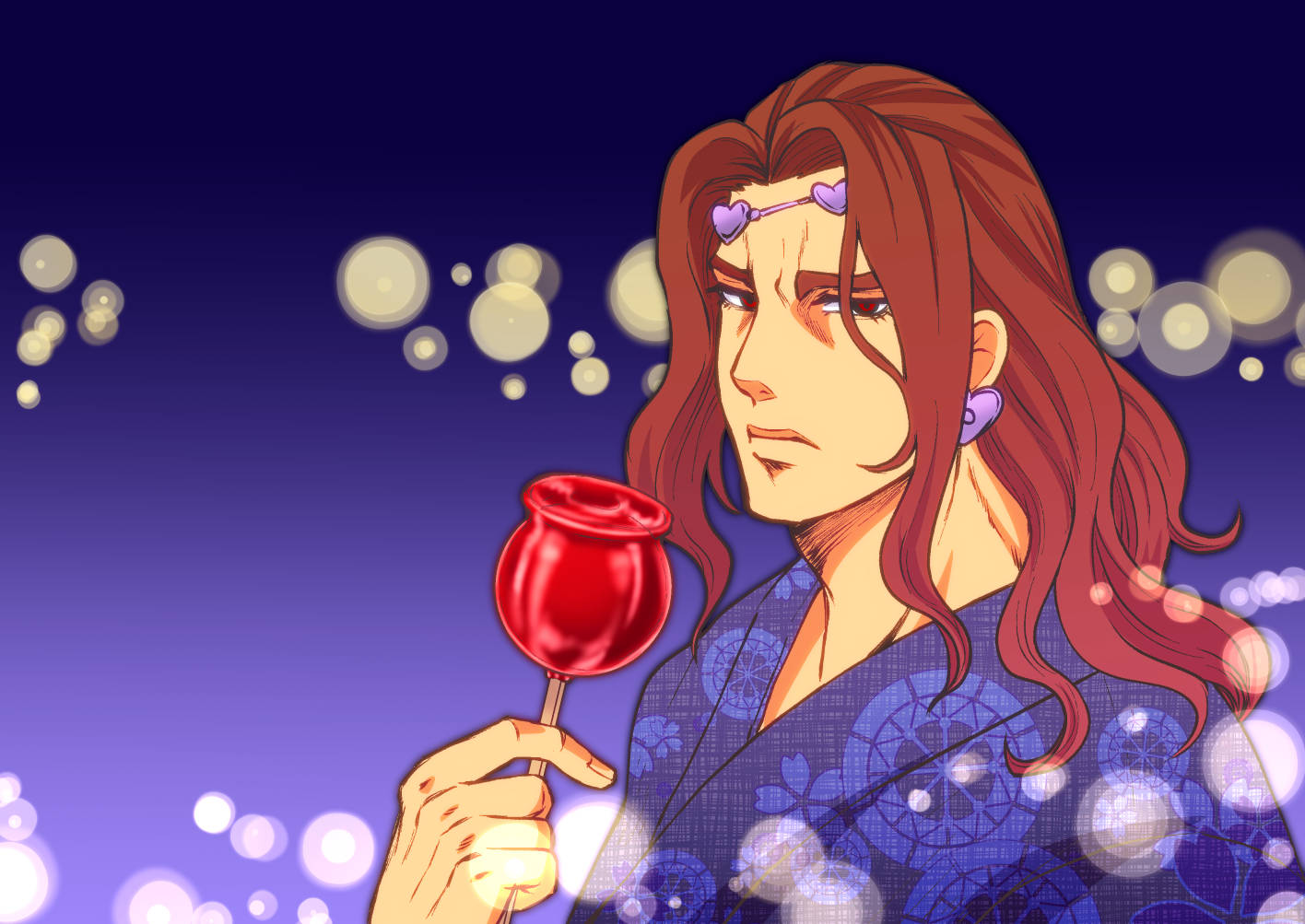 1boy, candy_apple, earrings, food, headband, heart, japanese_clothes, jewelry