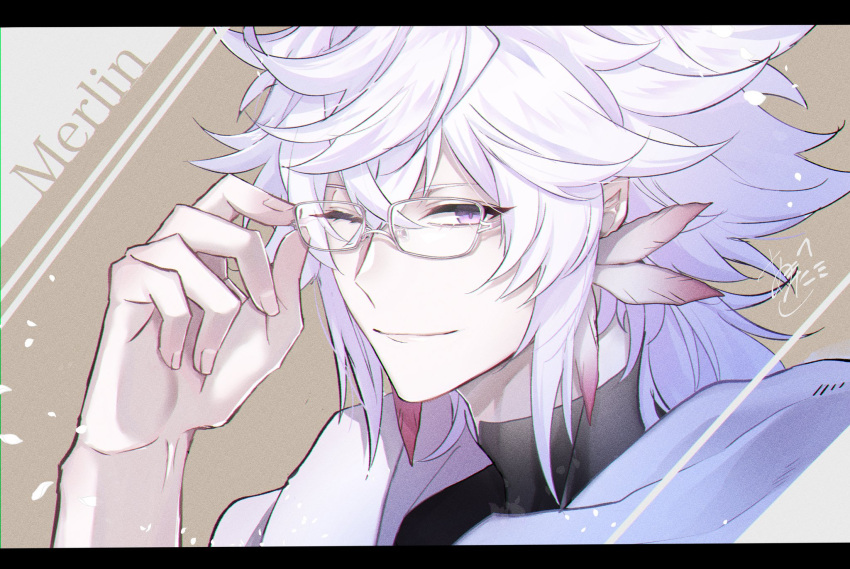 1boy, ;), ahoge, amata1006, bangs, character_name, commentary, earrings