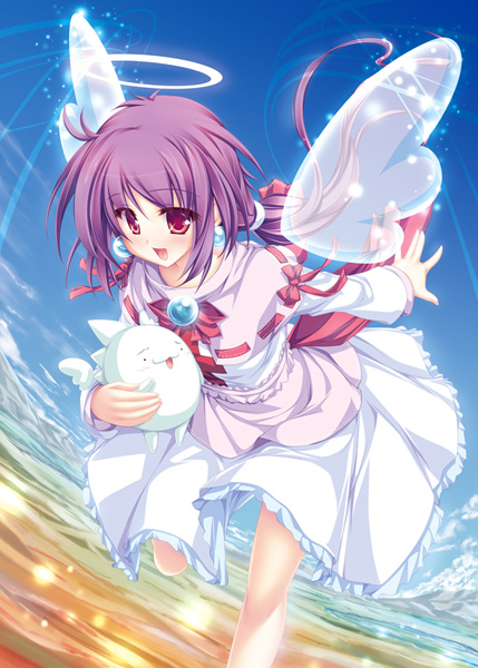 angel_wings, aruto_(ukagaka), dress, flying, halo, purple_hair, red_eyes, shiro_unyuu, tenmaso, ukagaka, wings