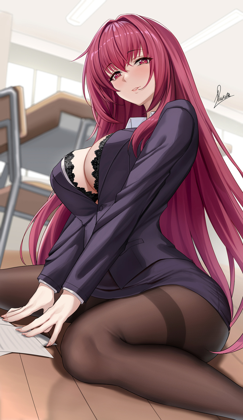 1girl, alternate_costume, black_jacket, black_skirt, bra, bra_peek, breasts, brown_legwear