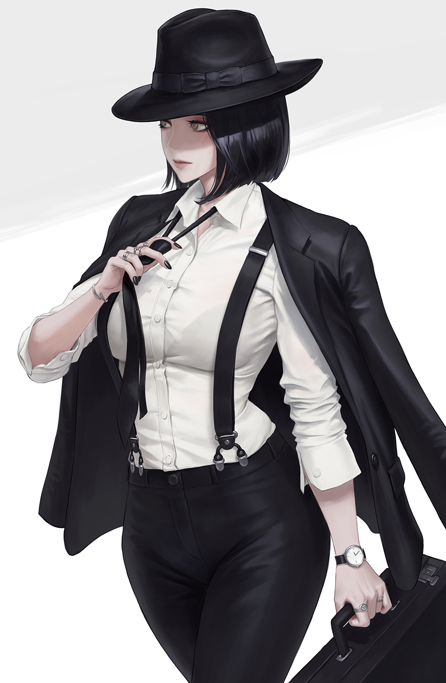 1girl, black_hair, black_legwear, black_nails, bracelet, briefcase, brown_eyes, hat