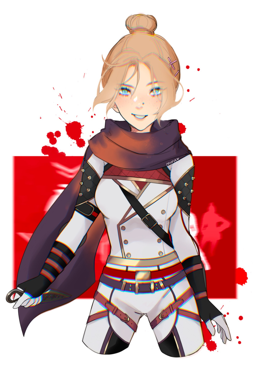1girl, animification, apex_legends, bangs, black_scarf, blonde_hair, blood, blood_splatter