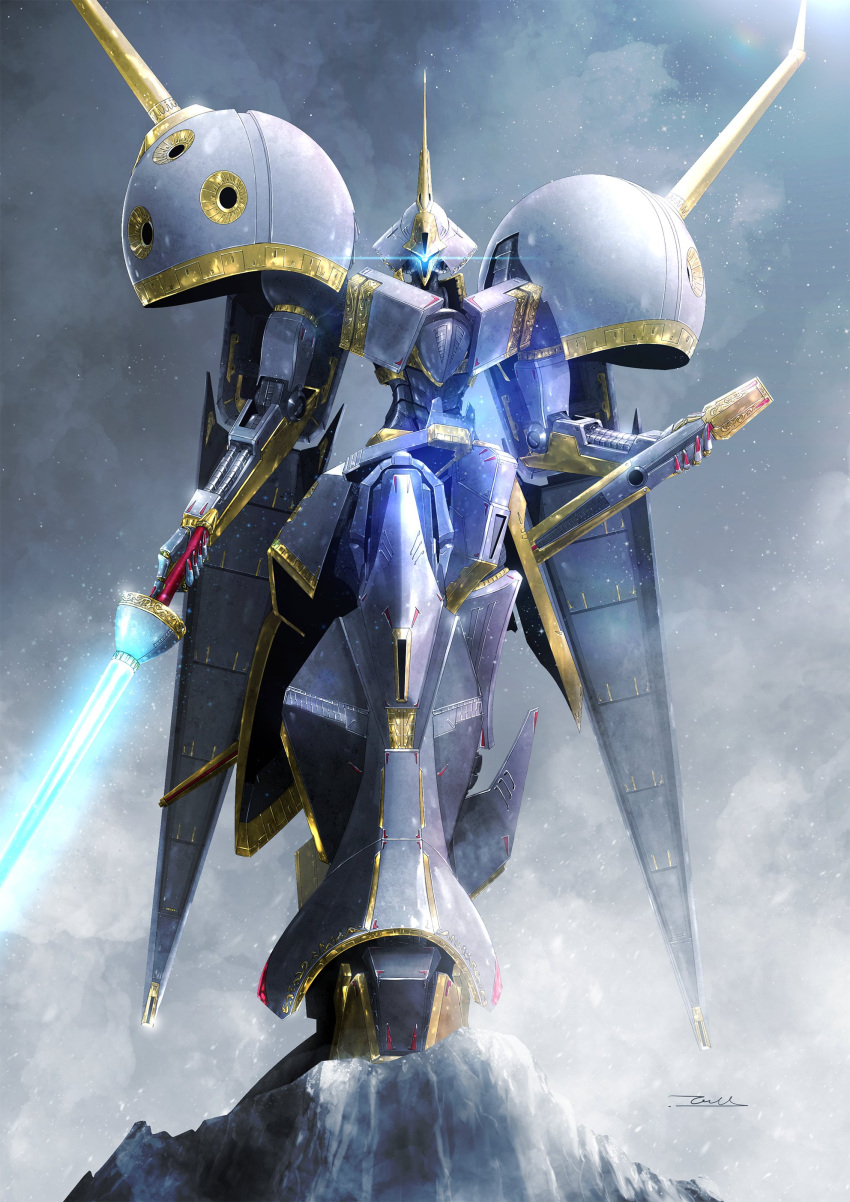 absurdres, artist_name, beam_saber, blue_eyes, dual_wielding, glowing, glowing_eye, gundam, gundam_zz, highres, holding, holding_sword, holding_weapon, mecha, mobile_suit, no_humans, one-eyed, r-jarja, science_fiction, snow, solo, standing, sword, taka-f, weapon