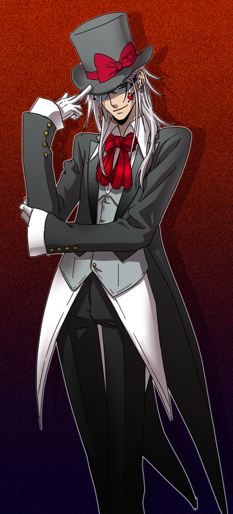 bow_tie, bowtie, coat, formal, glasses, gloves, hat, hat_ribbon, long_hair, male, original, ribbon, saenagi, silver_hair, solo, suit, tattoo, top_hat, white_gloves