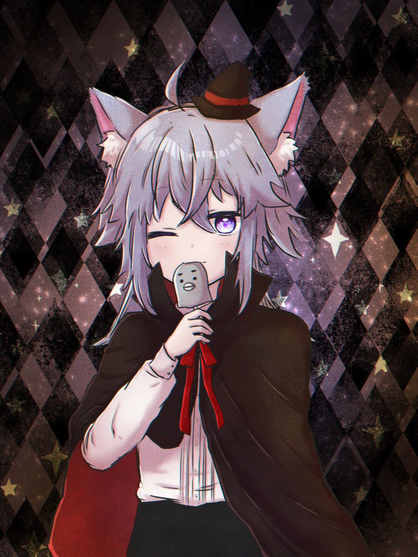 1boy, akatsuki_zeruku, animal_ears, black_legwear, blue_eyes, blush, checkered_background, cloak, eating, food, hat, highres, indie_virtual_youtuber, kaikoba_mothra, long_sleeves, looking_at_viewer, mini_hat, mini_top_hat, one_eye_closed, pale_skin, popsicle, shirt, silver_hair, tail, top_hat, virtual_youtuber, white_shirt, wolf_boy, wolf_ears, wolf_tail