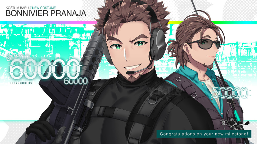 1boy, beard, black_bodysuit, black_vest, blue_shirt, bodysuit, bonnivier_pranaja, brown_hair