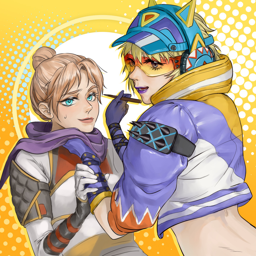 2girls, apex_legends, applying_makeup, back, blonde_hair, blue_headwear, blush, bodysuit, cat_ear_headphones, dontlookback, gloves, hair_behind_ear, hair_bun, headphones, highres, jacket, looking_at_viewer, multiple_girls, official_alternate_costume, open_mouth, purple_gloves, purple_jacket, purple_scarf, scarf, smile, sun_bleached_wraith, sweatdrop, thunder_kitty_wattson, visor_cap, wattson_(apex_legends), white_bodysuit, wraith_(apex_legends)