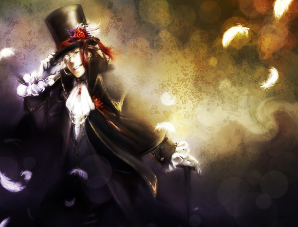 cane, fabulous, feathers, flower, formal, gloves, grin, hat, hershel_layton, male, monocle, professor_layton, rose, saenagi, smile, solo, suit, top_hat