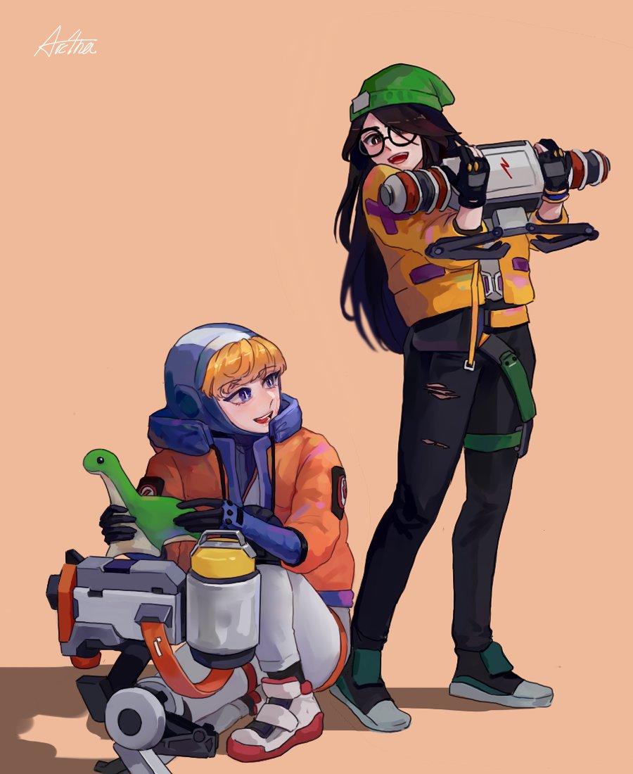2girls, apex_legends, arc4na, beanie, black_footwear, black_hair, black_pants, blue_bodysuit, blue_headwear, bodysuit, brown_eyes, crossover, glasses, green_headwear, hair_over_one_eye, hat, holding, holding_stuffed_toy, hood, hooded_jacket, jacket, killjoy_(valorant), long_hair, multiple_girls, nessie_(respawn), one_eye_covered, one_knee, orange_jacket, pants, ribbed_bodysuit, smile, stuffed_toy, thigh_strap, torn_clothes, torn_pants, trait_connection, valorant, wattson_(apex_legends), white_bodysuit, white_footwear, yellow_jacket