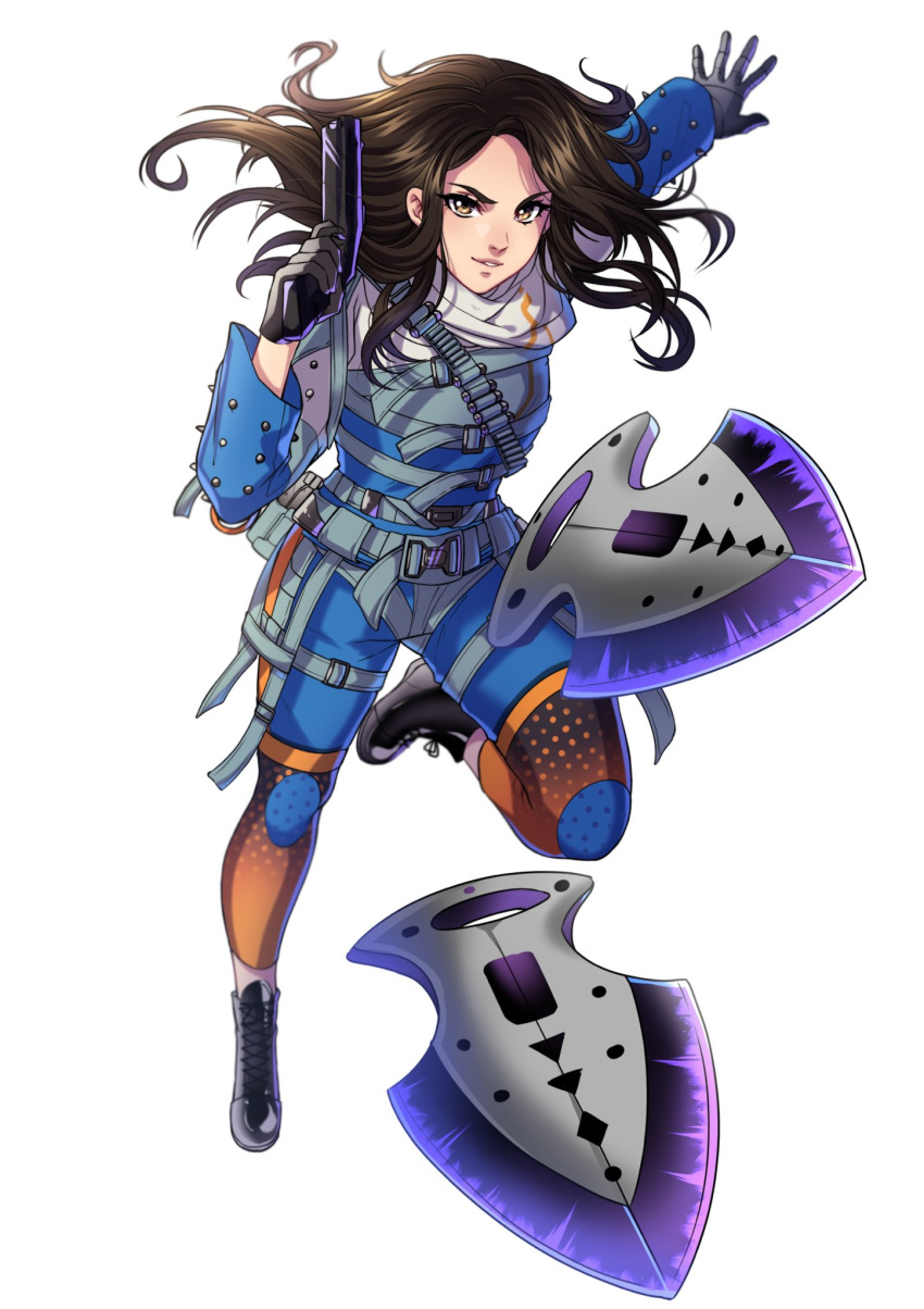1girl, apex_legends, bangs, black_footwear, black_gloves, black_hair, blue_bodysuit, bodysuit