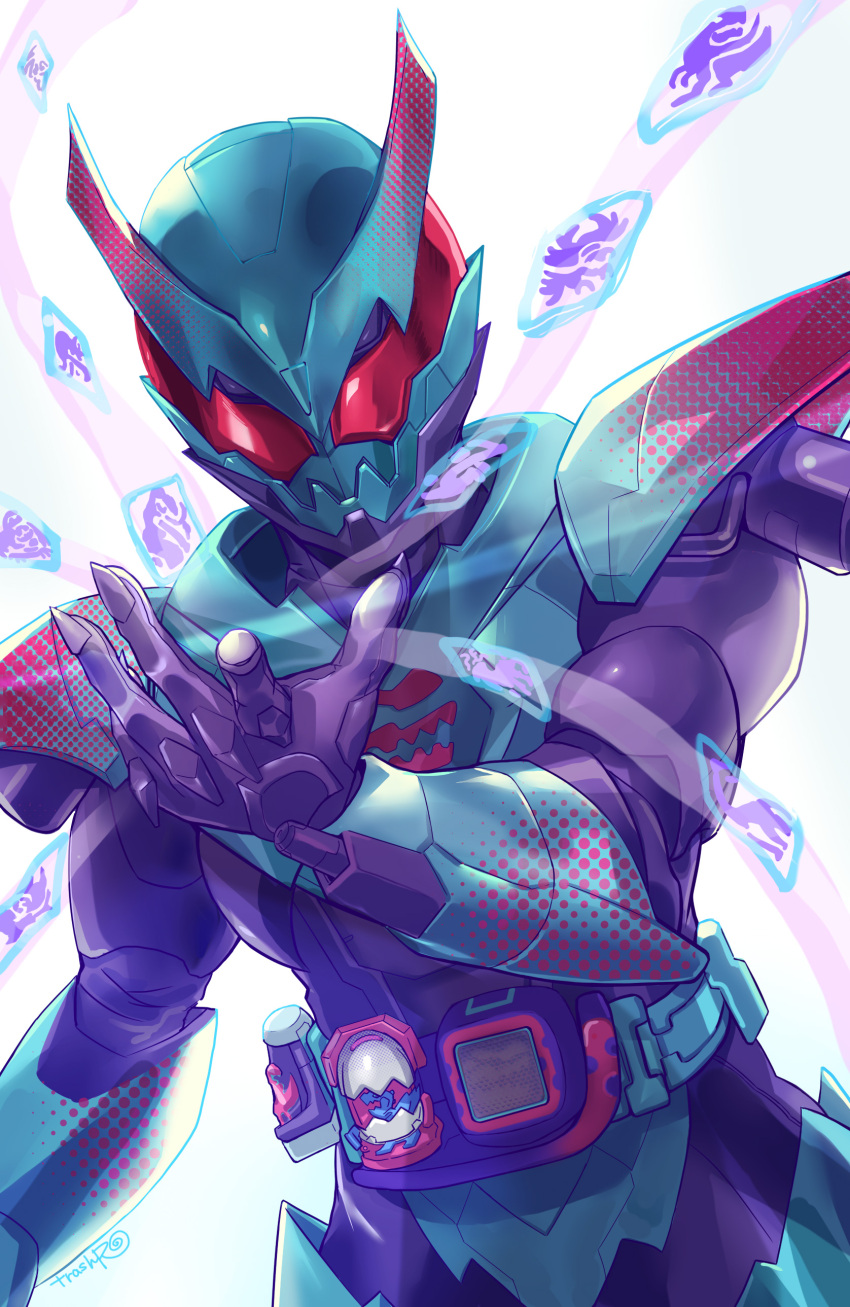 1boy, absurdres, armor, barid_rex, bird, blue_armor, bodysuit, brachiosaurus