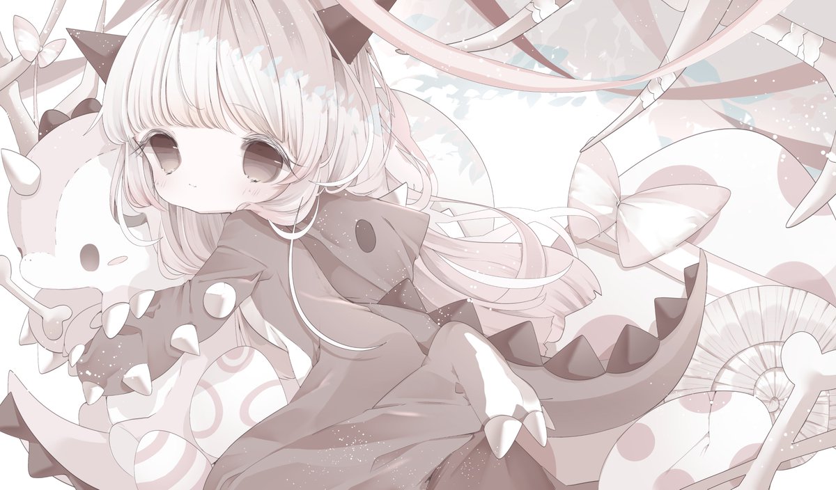 1girl, aryu_karu, blush, bow, brown_eyes, dinosaur_girl, dinosaur_hood, dinosaur_horns