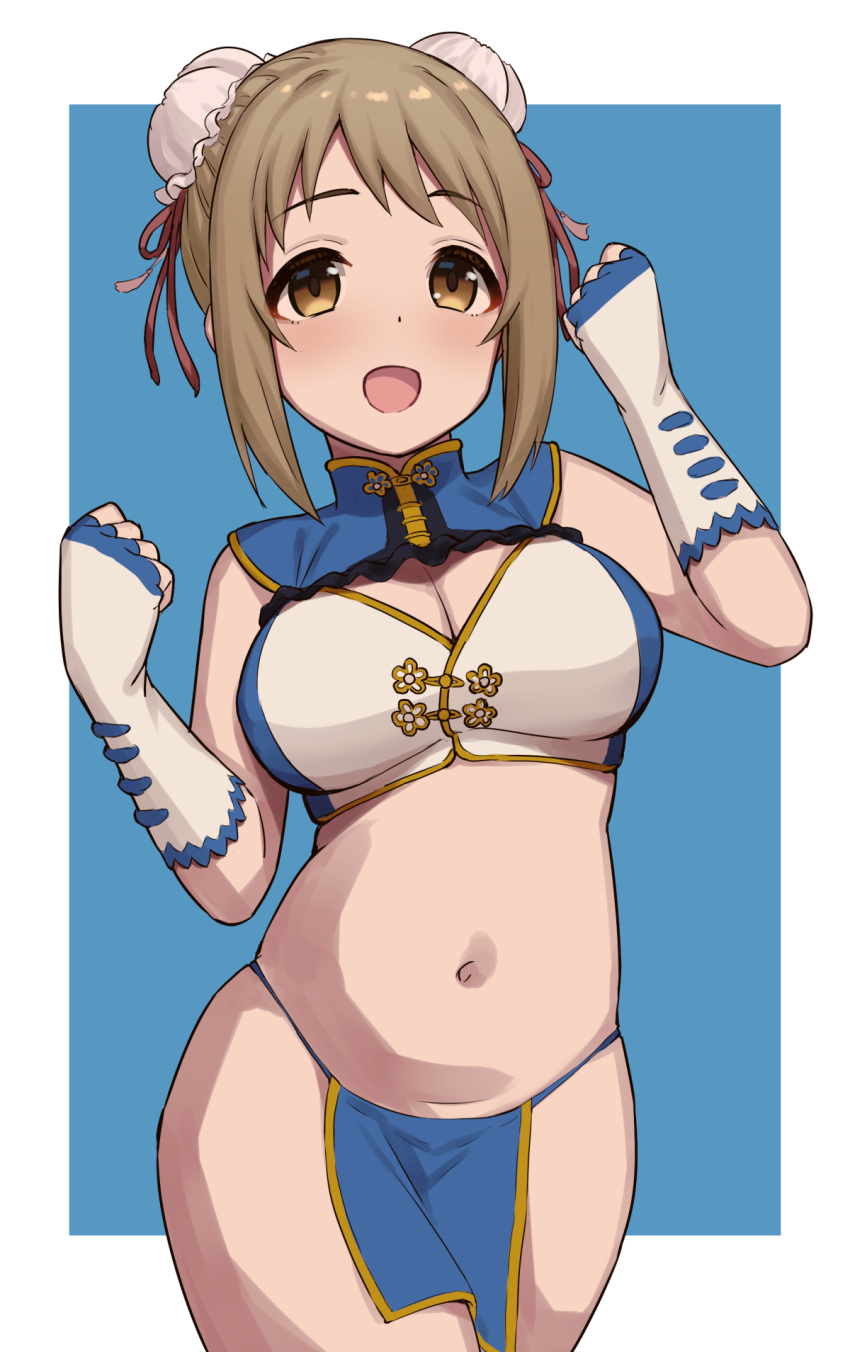 arms_up, bangs, belly, blush, breasts, brown_eyes, brown_hair, bun_cover