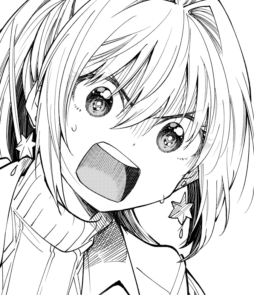 1girl, absurdres, blush, bukiyou_na_senpai, earrings, eyebrows_visible_through_hair, greyscale, highres