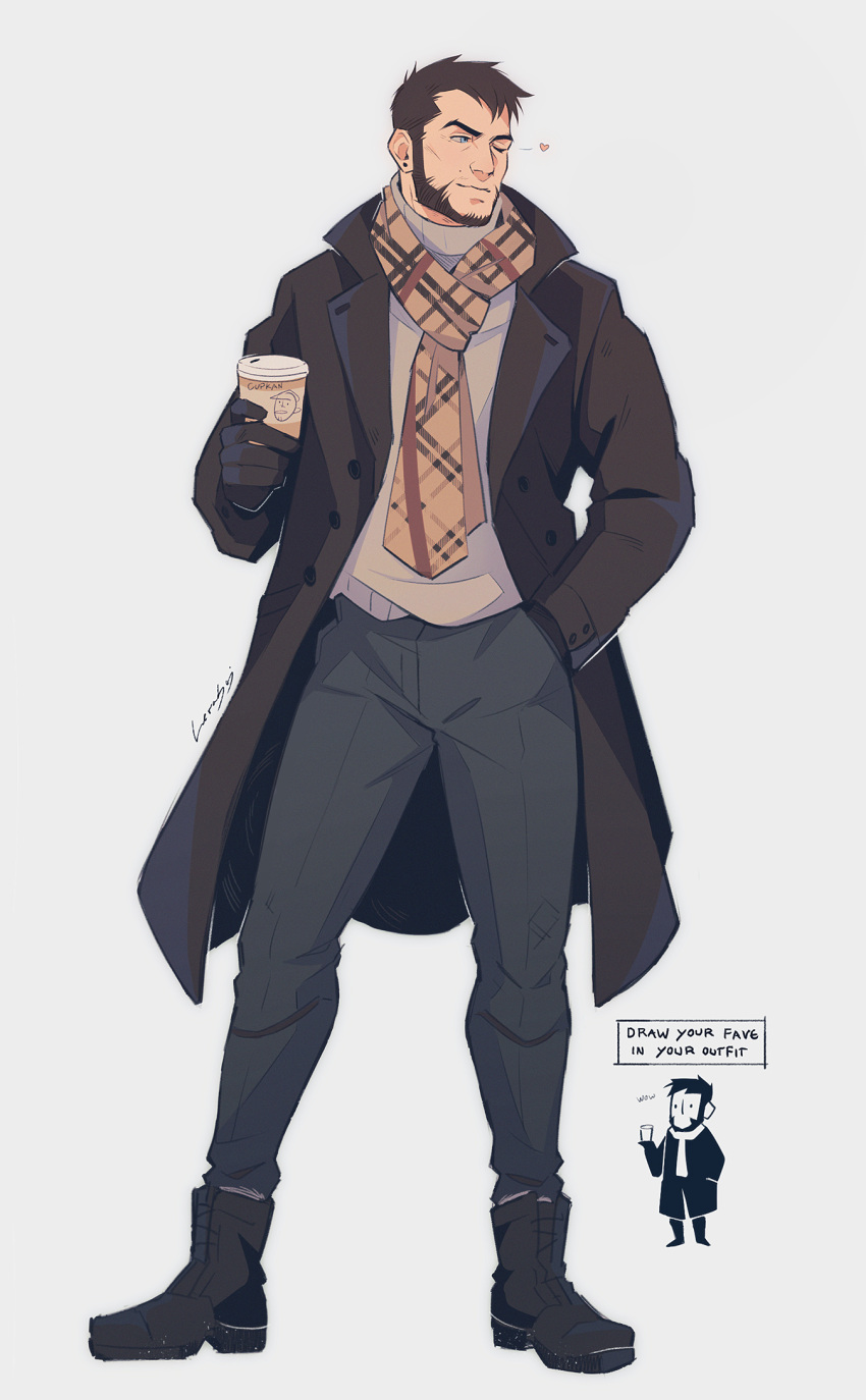 beard, blue_eyes, blush, brown_hair, coat, drink, facial_hair, glaz_(rainbow_six_siege)