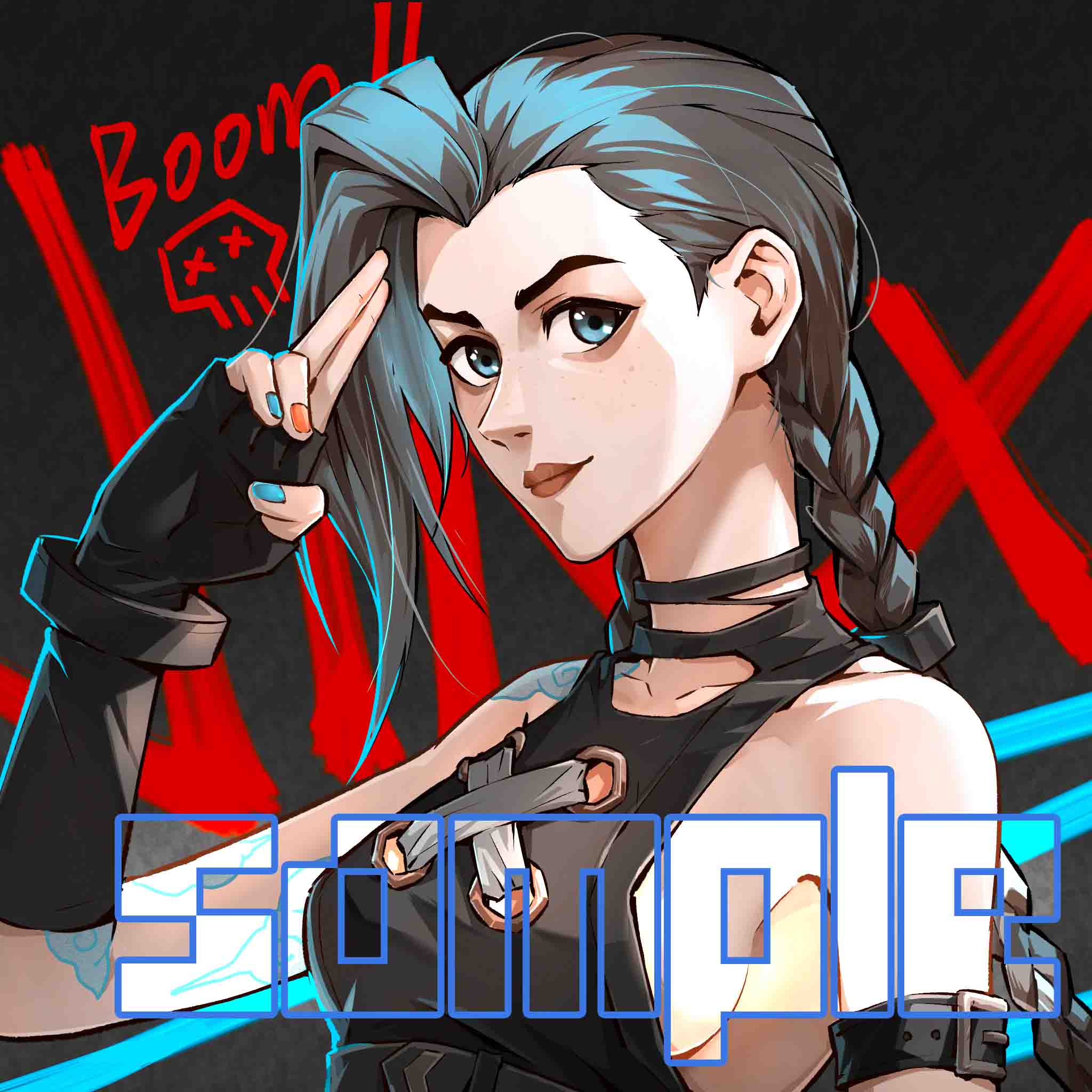 1girl, alternate_hair_color, arcane:_league_of_legends, arcane_jinx, arm_tattoo, bangs, bare_shoulders, blue_eyes