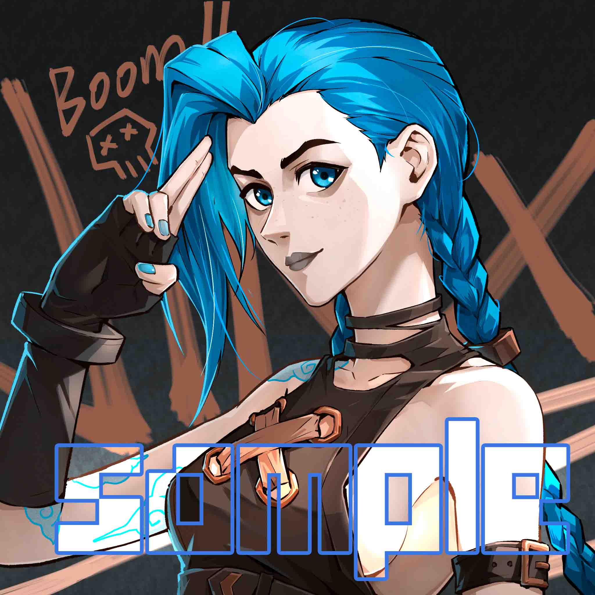 1girl, arcane:_league_of_legends, arcane_jinx, arm_tattoo, bangs, bare_shoulders, blue_eyes, braid
