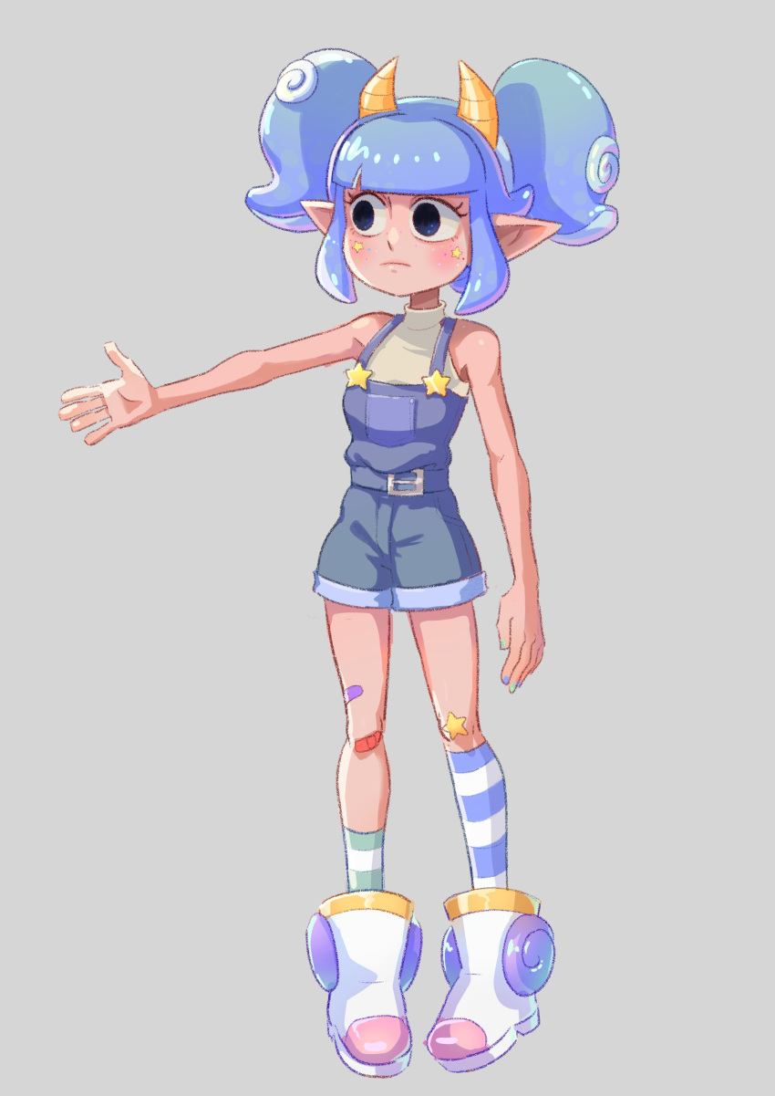 1girl, absurdres, asymmetrical_legwear, bandaid, bandaid_on_leg, bangs, belt, black_eyes, blue_belt, blue_eyes, blue_hair, blue_legwear, blue_overalls, blue_shorts, blunt_bangs, concept_art, english_commentary, freckles, frown, full_body, giwi, gradient_eyes, green_legwear, grey_background, hackerling, high_collar, highres, horns, indie_virtual_youtuber, jacket, jacket_removed, light_blush, looking_to_the_side, marking_on_cheek, monster_girl, multicolored_clothes, multicolored_eyes, multicolored_legwear, multicolored_nails, nail_polish, official_art, open_hand, outstretched_arm, overalls, pale_skin, pointy_ears, rubberninja, shirt, shoes, short_twintails, shorts, sidelocks, simple_background, sketch, sleeveless, sleeveless_shirt, socks, solo, star_(symbol), striped, striped_legwear, suction_cups, tentacle_hair, twintails, white_footwear, white_legwear, white_shirt, yellow_horns